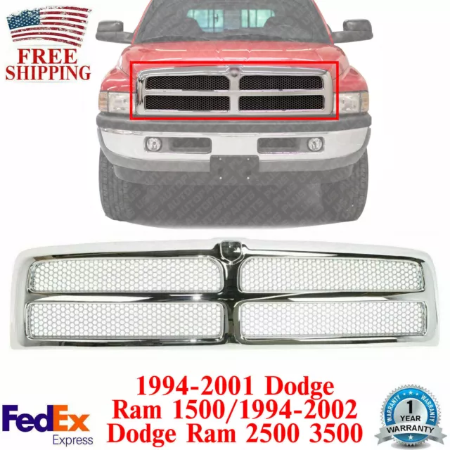 Front Grille Chrome & Silver insert For 1994-01 Dodge Ram 1500 / 94-02 2500 3500