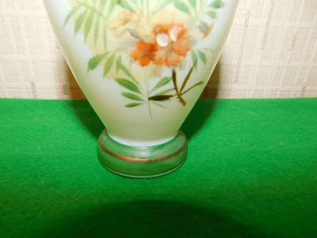 Green Rim Opaline Milk Glass Floral Hand Painted Vase-Very Good Condition 2