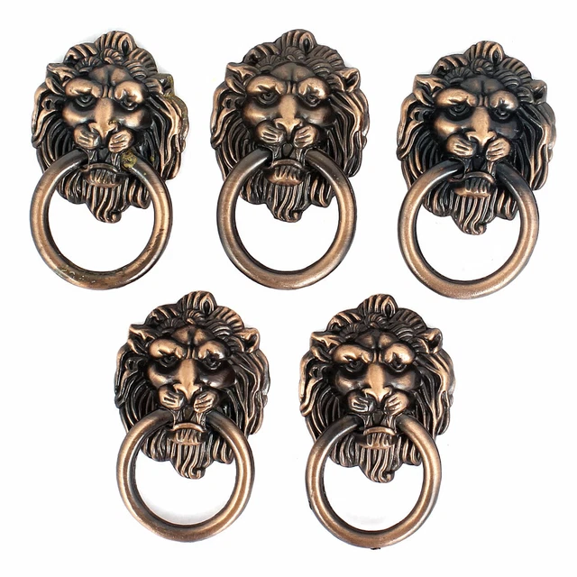 Cupboard Cabinet Drawer Vintage Lion Head Design Ring Pull Knob Handle 5 Pcs