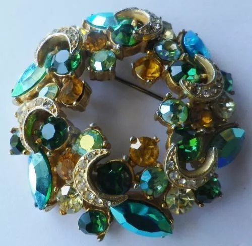 broche bijou vintage couronne de cristaux boréalis de couleur or * 4397