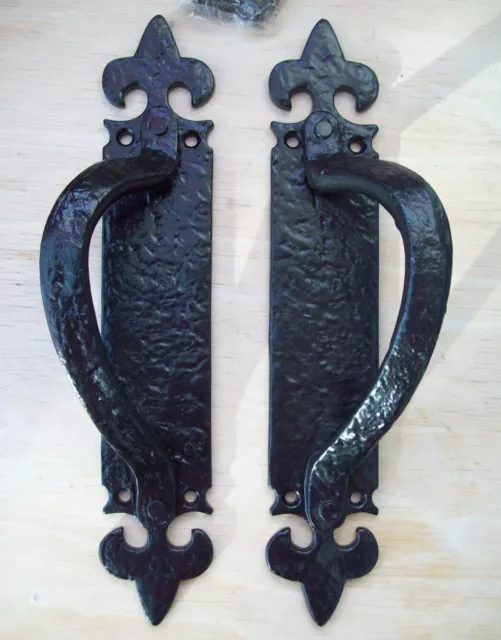 Pair HANDLE ON PLATE  FLEUR DE LYS cast iron door pull handles vintage rustic