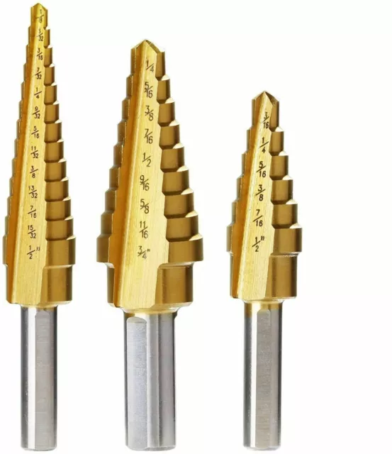 3pc Step Drill Bit Set Unibit Titanium HSS M2 28 Sizes Industrial Reamer W/Pouch