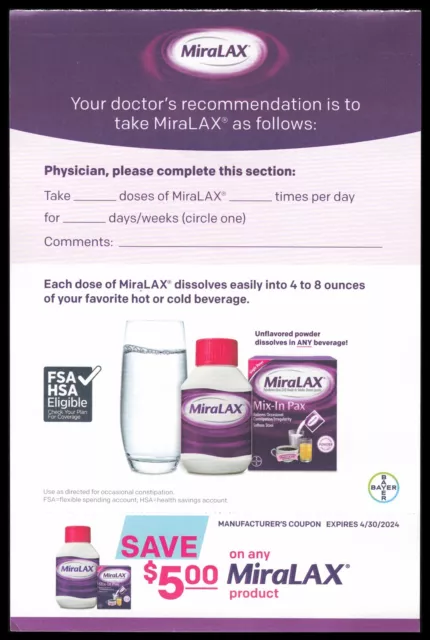 Three (3) Coupons $5 Off Any 1 MiraLAX Product Expires 4/30/24 For Constipation