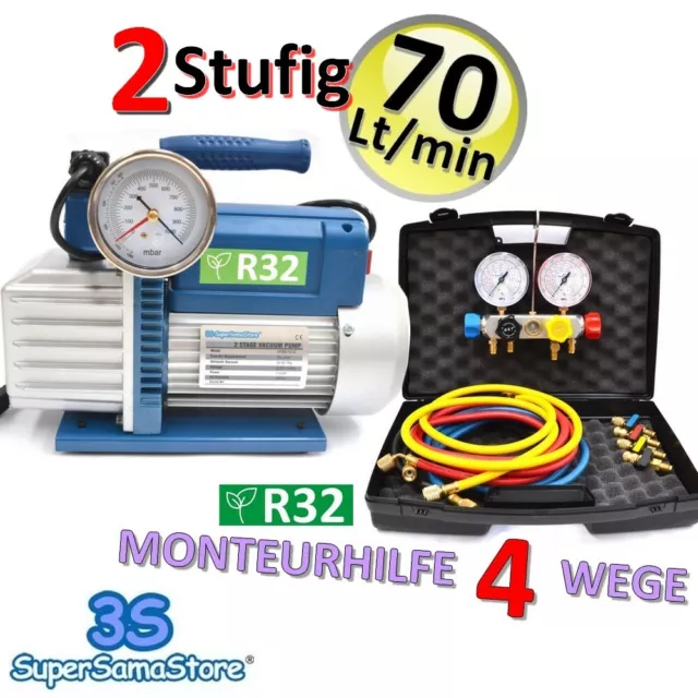 Set: Zweistufige Vakuumpumpe 42L/min, Monteurh.+Absperrventil R32