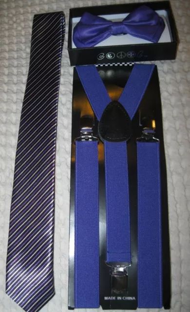 Solid Purple White Black Stripe Necktie & Solid Purple Adjustable Suspenders Set 2