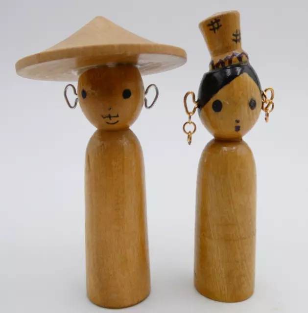 Asian Wooden Finger Puppets with Hats Boy Girl Made in Taiwan Set of 2 Vintage