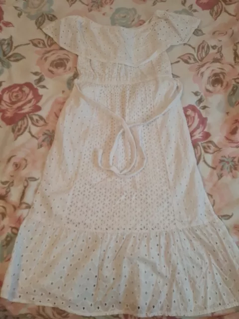 Next Beachwear White Cotton Broderie Anglaise Frill Bardot Midi Dress Uk 8