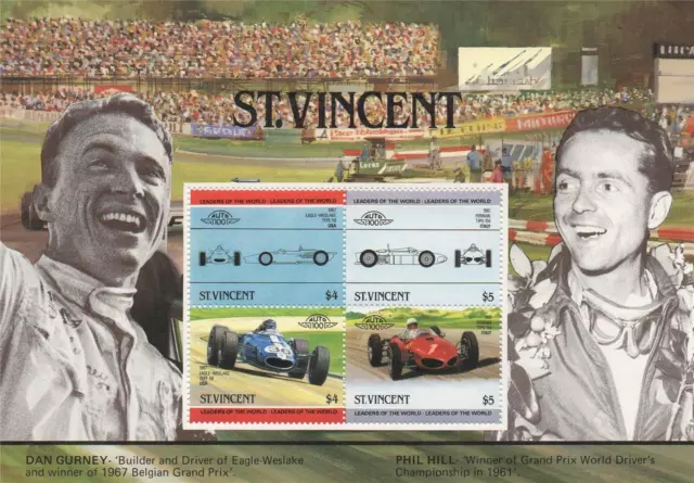 St Vincent Dan Gurney Phil Hill Grand Prix Race Car Driving Mnh Stamp Sheetlet