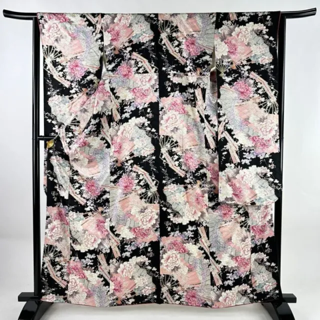 Japanese Kimono Furisode Pure Silk Lined Fan Grass Flowers Black Pink Formal