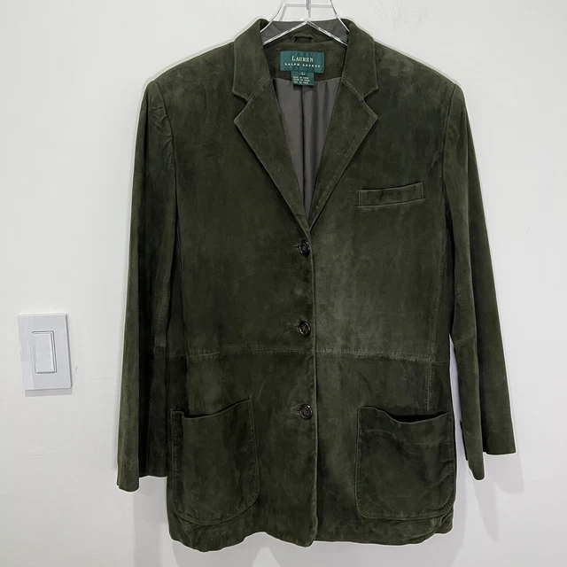 Lauren Ralph Lauren Women's Western Suede Leather Jacket Green L Square Pockets
