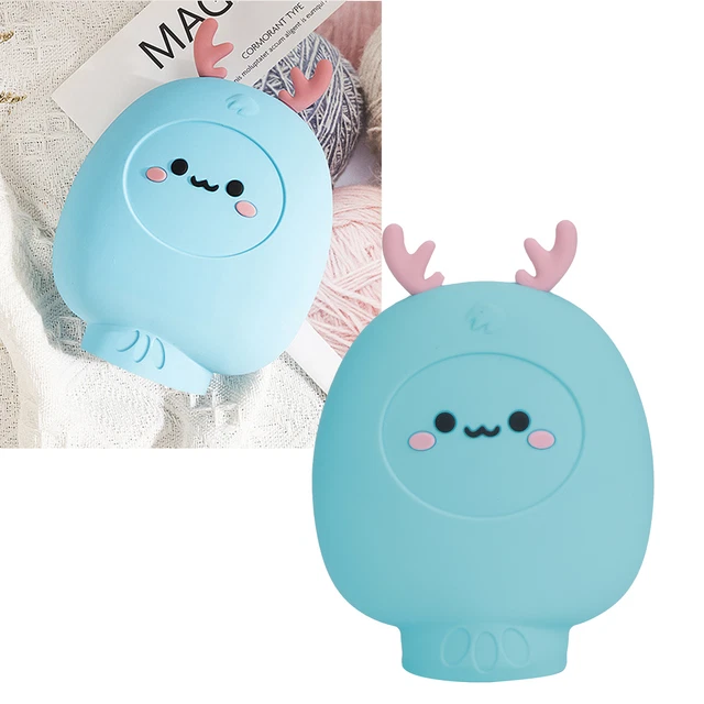 Blue)Silicone Mini Hot Water Bag Hand Warmer Water Injection Bottle Cartoon