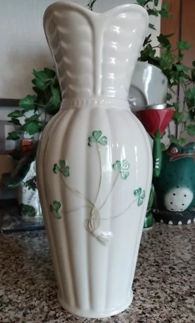 BELLEEK Irish Porcelain Hand Painted Embossed Shamrock Vase 9” High