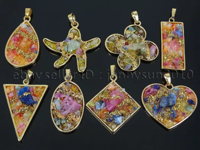 Colorful Druzy Crystal Quartz Reiki Chakra Pendant Charms Gold Plated Heart Star