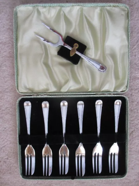 Vintage Chromium Plate Cake Forks Set with 1 Serving Fork in Faux Shagreen Box