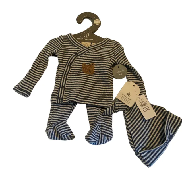 New Baby Gap Preemie To 5lb Boys 3 Pc Set Shirt Pants Hat Blue White Stripe Bear