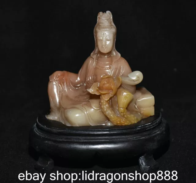 4.8 "vieille Chine Shoushan pierre sculpté Feng Shui Guanyin Lotus image