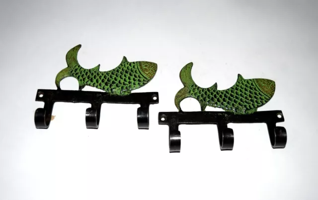 Fish Triple Wall Hook Brass Pair of Hooks Dolphin Whale Design Kitchen Dec EK481