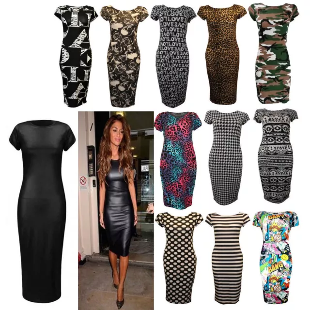 Women Ladies Printed Jersey Stretch Crew Neck Bodycon Cap Sleeve Midi Dress 8-26