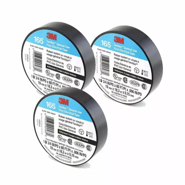 3M Temflex Vinyl Electrical Tape 165 Multi-purpose 3/4" X 60FT Black (3 Pack)