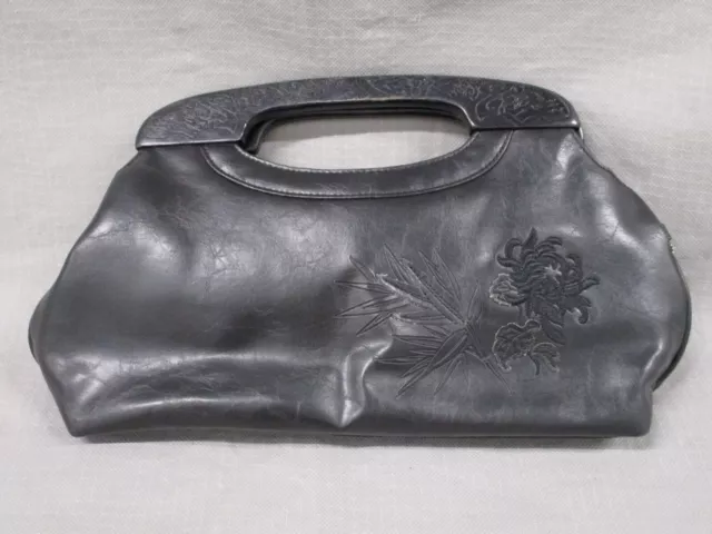 Forever by Fossil Purse Black Small Vintage Clutch Leather Wood Handles Embroid