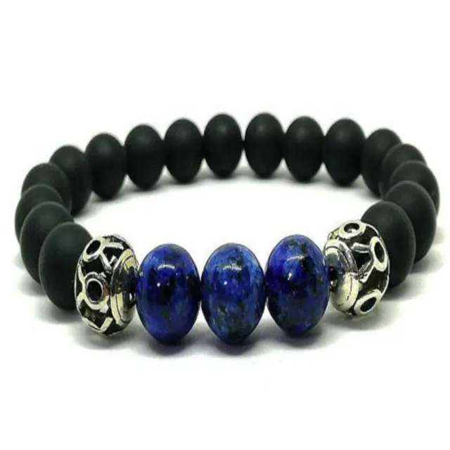 8mm Natural Lapis Lazuli Gemstone Black Onyx Mala Bracelet Bless Healing Chakras