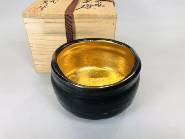 Y5541 CHAWAN Seto-ware black signed box Japan antique tea ceremony bowl pottery