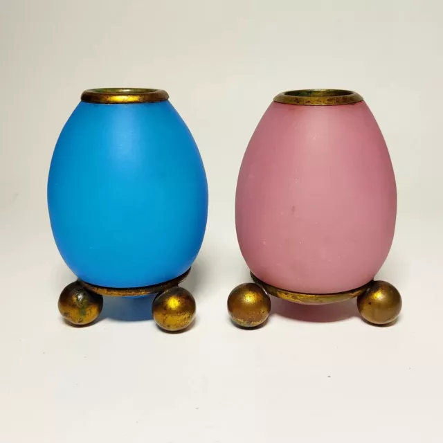 Antique French Opaline Pink Blue Glass Egg Candlestick Holders