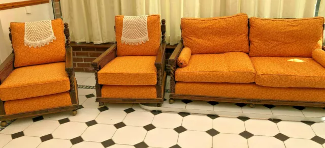 Antique Edwardian Chippendale Style Three 3 Piece Mahogany & Cane Bergere Suite