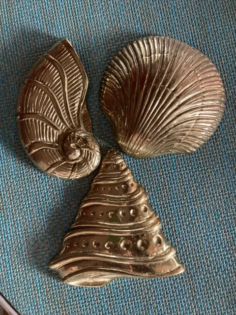 Pair of Vintage Brass Seashell Decor Wall Hanging Snail & Conch