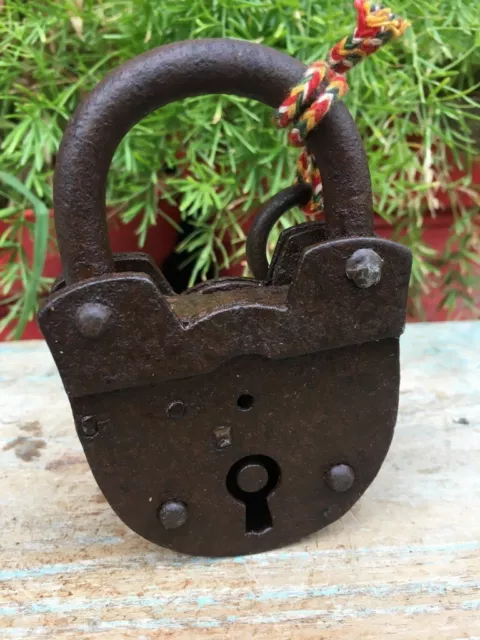 Ancient Primitive Hand Forged Rustic Very Old Iron Padlock With Key Working