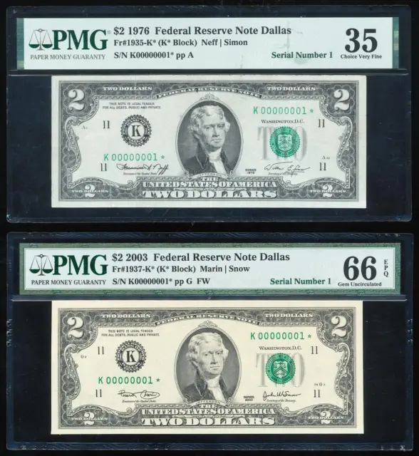 1976/2003 $2 Fed Reserve Note Dallas Serial# 1 Star "Matching Pair"