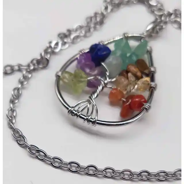 7 Chakra Rainbow Tree Life Pendant Gemstone Crystal Silver Wire Wrapped Necklace