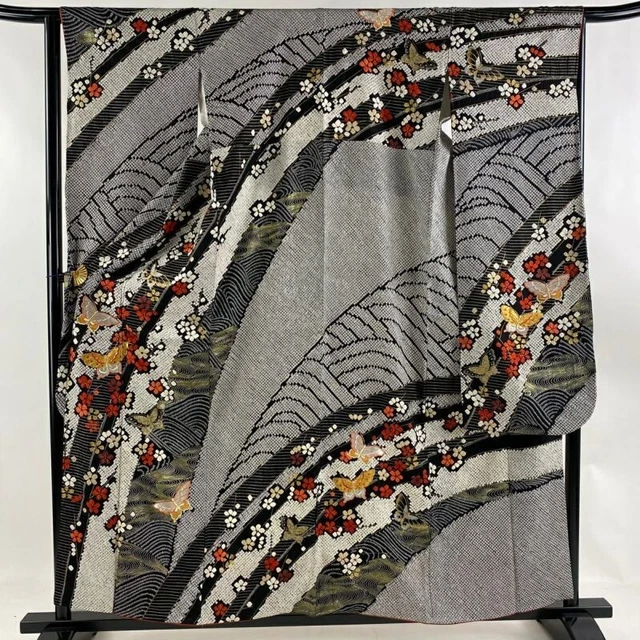 Woman Japanese Kimono Furisode Silk Butterfly Flower Gold Silver Thread Black