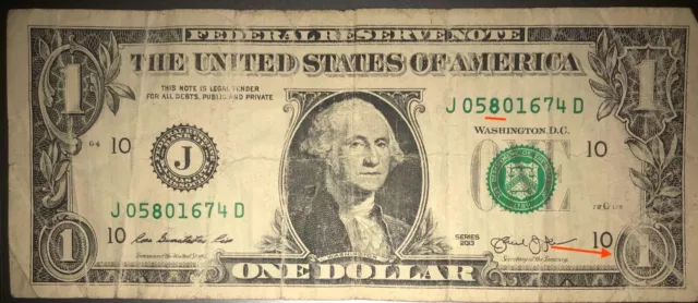 2013 $1 One Dollar Federal Reserve Note Ink Error Over Ink Serial Number "8"