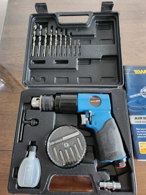 Herramienta de taladro de aire WorkZone con estuche, brocas y botella de aceite