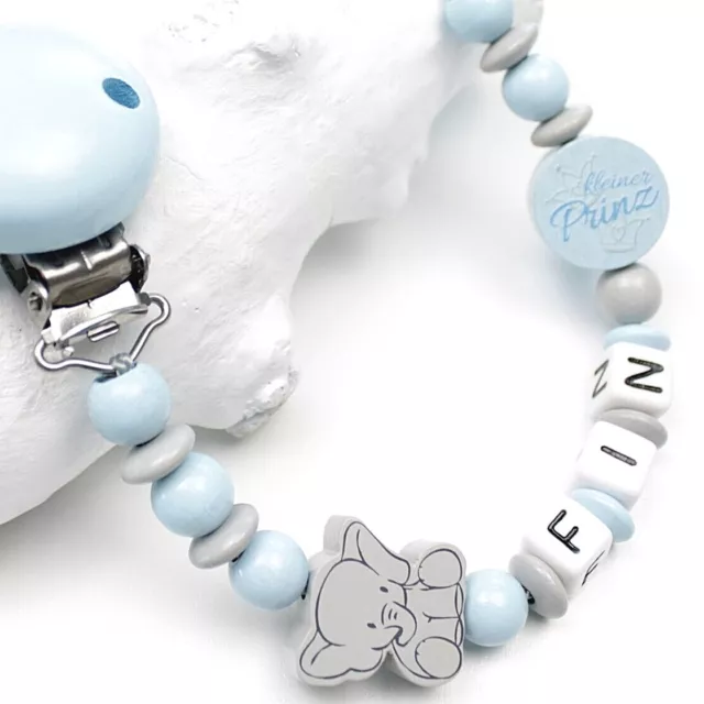 Schnullerkette mit Namen Junge kleiner Prinz Elefant Hellblau Geschenksäckchen