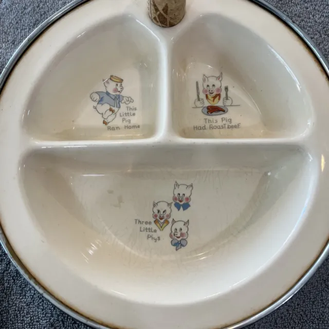 Excello Hot Water Baby Food Warming Dish Divided 3 Little Pigs USA Vintage 1940s