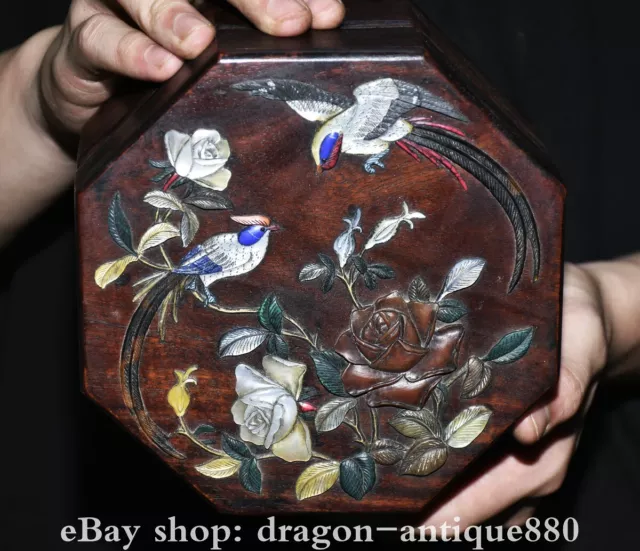 6.4” Old Chinese Huanghuali Wood Shell Carving Dynasty Flower Bird Jewelry Box