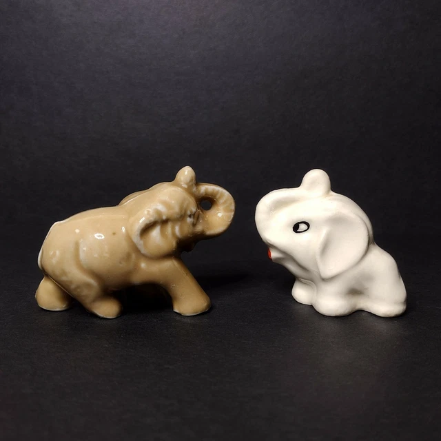 Lot of 2 Small Vtg Elephant Shadow Box Miniature Figurines Trunks Up Japan