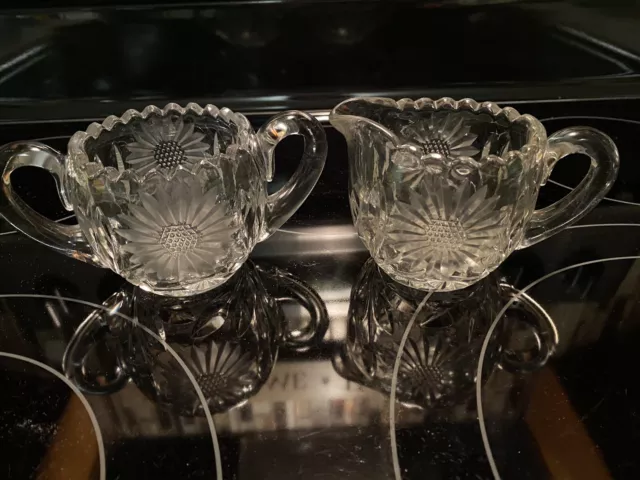 American Brilliant Cut Sunflower Crystal Glass Creamer Sugar Bowl Set Floral