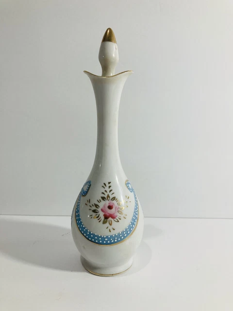Vtg Ceramic Hand Painted Bath Oil Bottle Pink Flowers Blue Bows