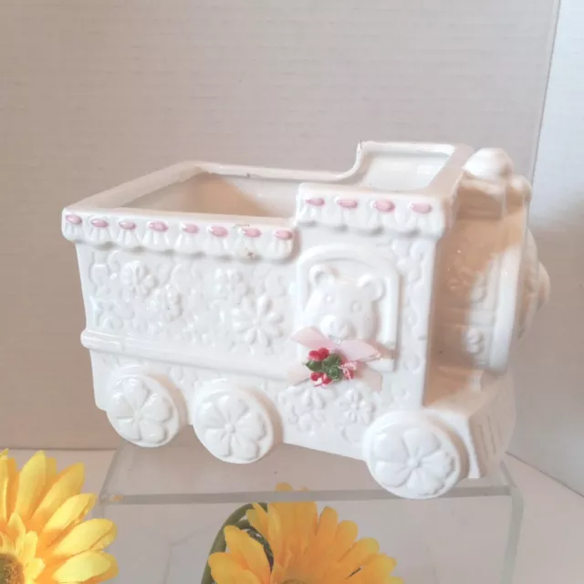 Nancy Pew Nursery Musical "ROCK A BYE" Planter White Ceramic Train Pink Accents