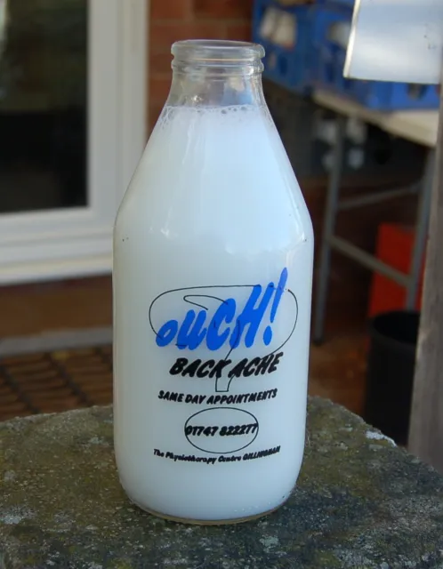 milk bottle : lovely old "OUCH Backache" advert : Hambledon  Todber dairy