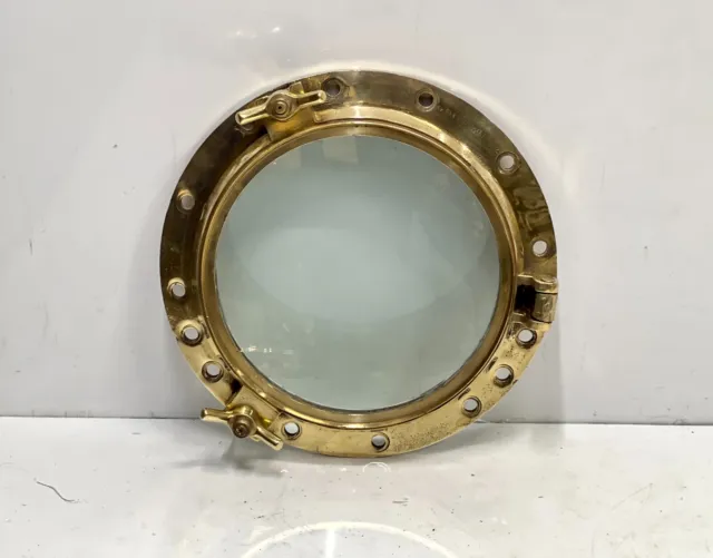 Vintage Reclaimed Maritime Ship Brass Round Porthole Window with 2 Dogs - Large