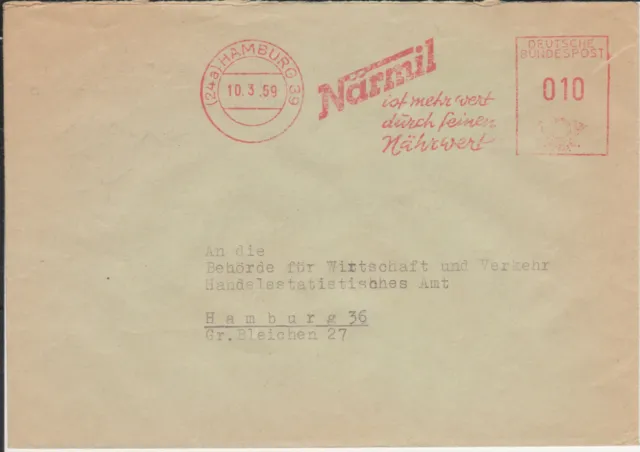 Firmenbrief mit Freistempel / AFS Hamburg 39 Winterhude, Närmil Nahrung, 1959