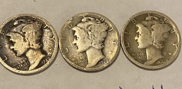 Lot Of 3 1927 Mercury Dimes 90% Silver 10 Cent Coins