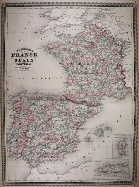 Authentic 1878 Johnson's Atlas Map ~ FRANCE - SPAIN ~ FreeS&H    Inv#73