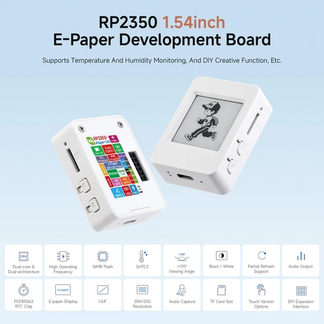 WAVESHARE RP2350A 1.54INCH E-Paper Display Development Board, 200 × 200 ...