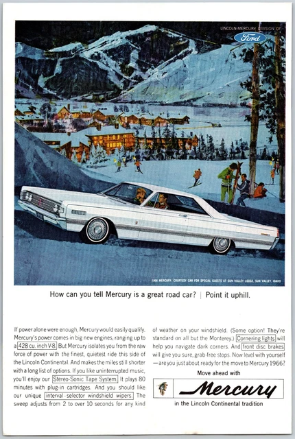 1965 Mercury 1966 Automobile Car Night View Skiers Snow Mountains Print Ad