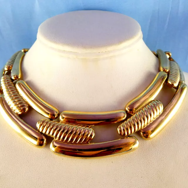 Vintage BEN AMUN Gold Tone Collar Necklace Smooth & Ridged Articualted Links